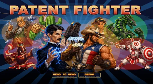 Patent Fighter splash screen with Tesla, Franklin and other inventors as arcade fighters