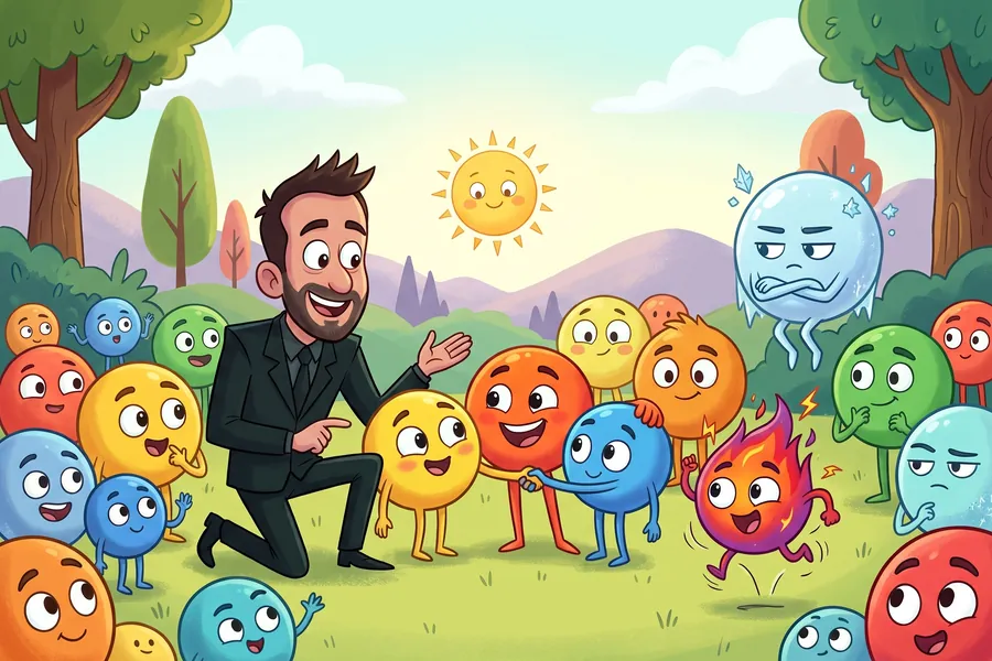 Cartoon atoms with faces gathered around Mike Todasco in a bright landscape