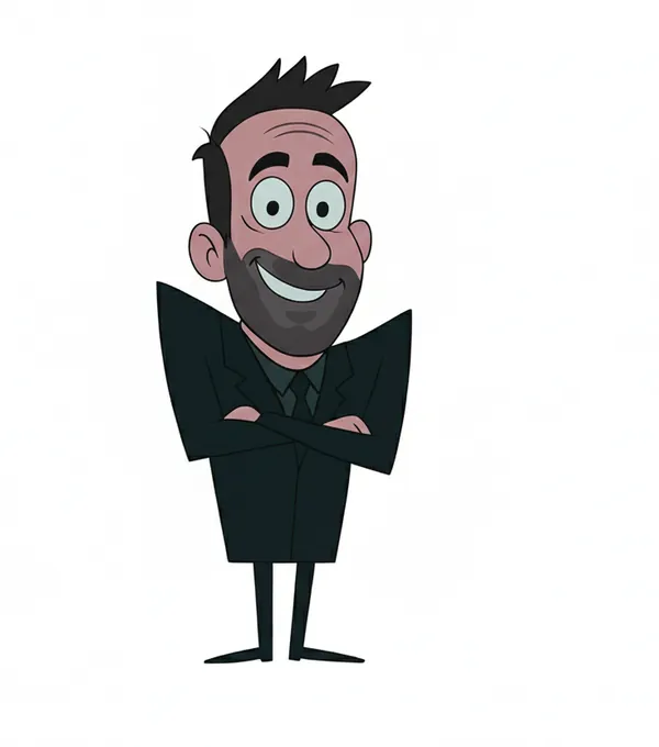 Cartoon Mike Todasco standing with his arms folded