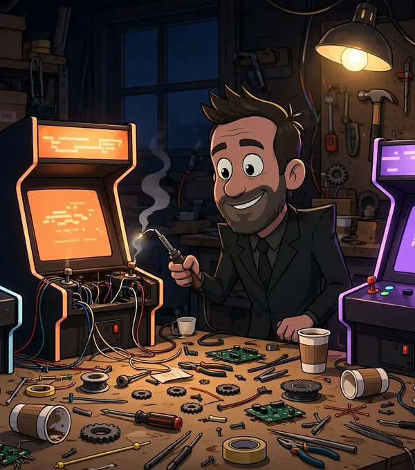 Cartoon Mike Todasco soldering together three glowing arcade cabinets at night