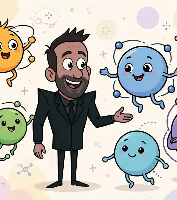 Cartoon Mike Todasco introducing a group of cartoon atoms, each with its own face