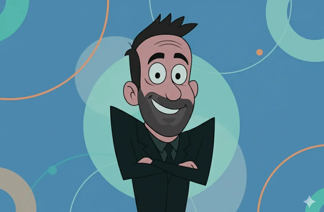 Cartoon illustration of Mike Todasco with his arms folded