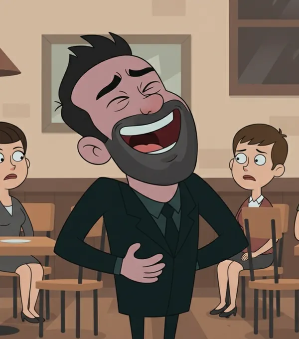Cartoon Mike Todasco laughing hard in a café while other customers stare