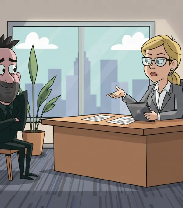 Cartoon Mike Todasco sitting across a desk from a hiring manager