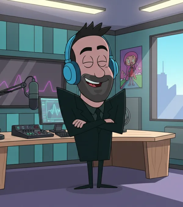 Cartoon Mike Todasco in a podcast studio