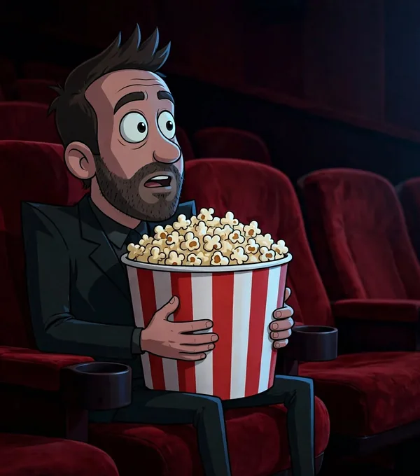 Cartoon Mike Todasco alone in a cinema seat clutching an enormous bucket of popcorn