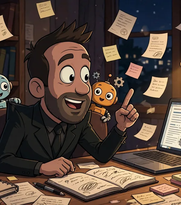 Cartoon Mike Todasco writing late at night while two small robots look over his shoulder
