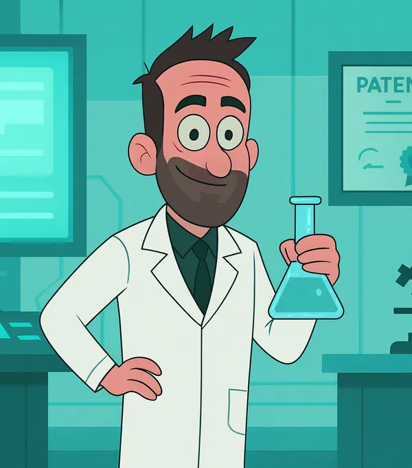 Cartoon Mike Todasco in a lab coat beside a framed patent certificate