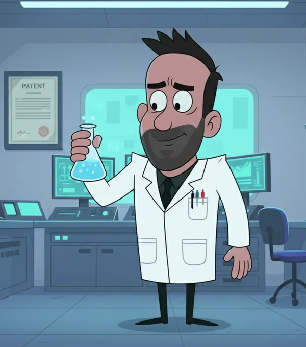 Cartoon Mike Todasco at a laboratory bench
